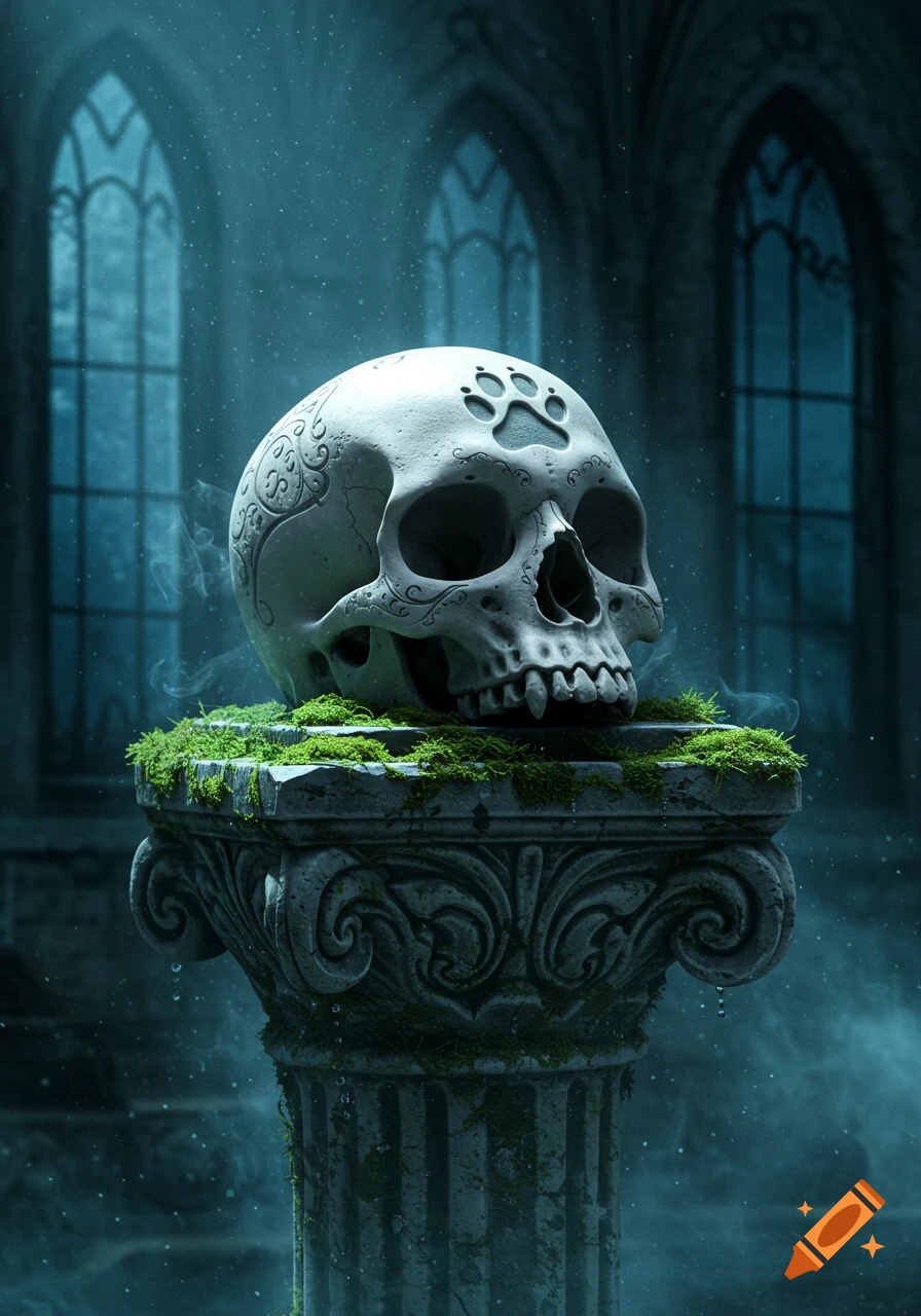 A stylized skull with a paw print on its forehead rests on a mossy gothic pedestal in a dark, misty hall with arched windows.