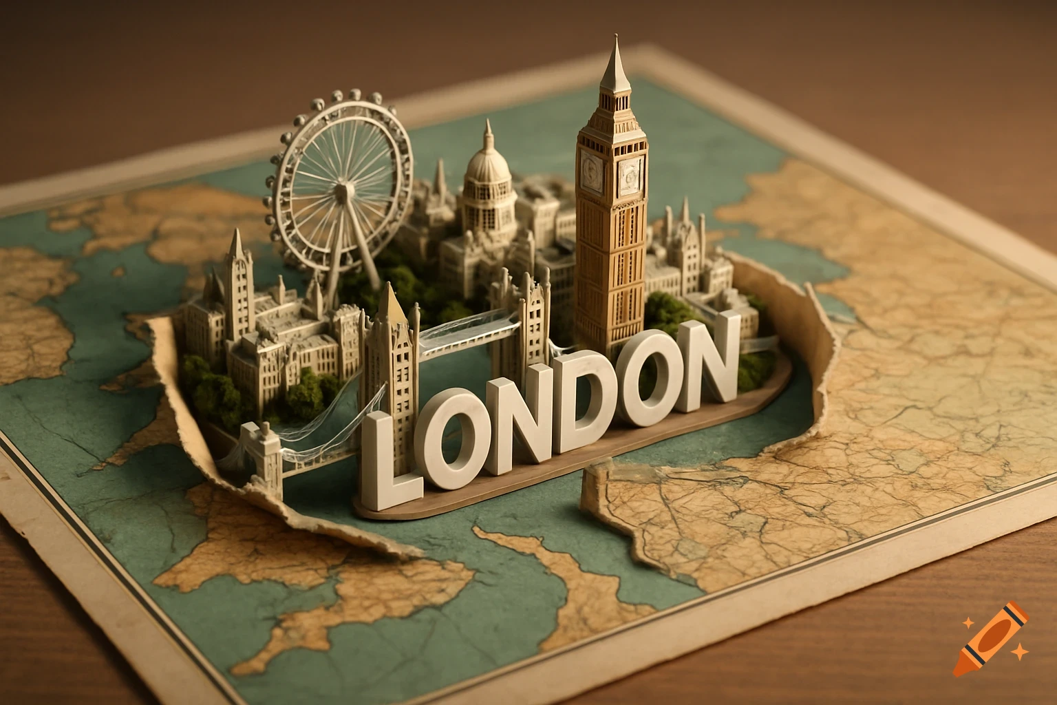 A miniature 3D model of London landmarks and the word 'LONDON' emerging from a torn, vintage-style world map.