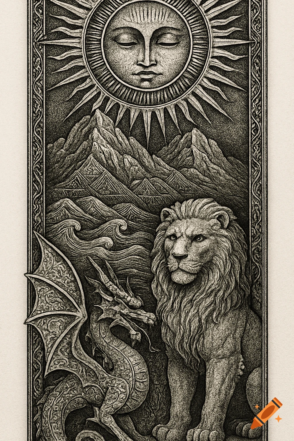 A black and white engraving-style artwork featuring a sun with a serene face, mountains, waves, a dragon, and a seated lion.