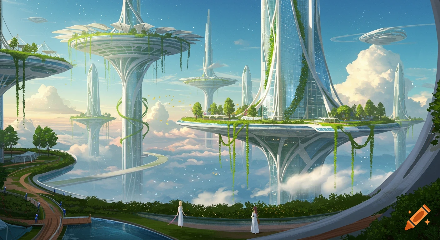 A serene, sunlit futuristic floating city with modern glass buildings ...