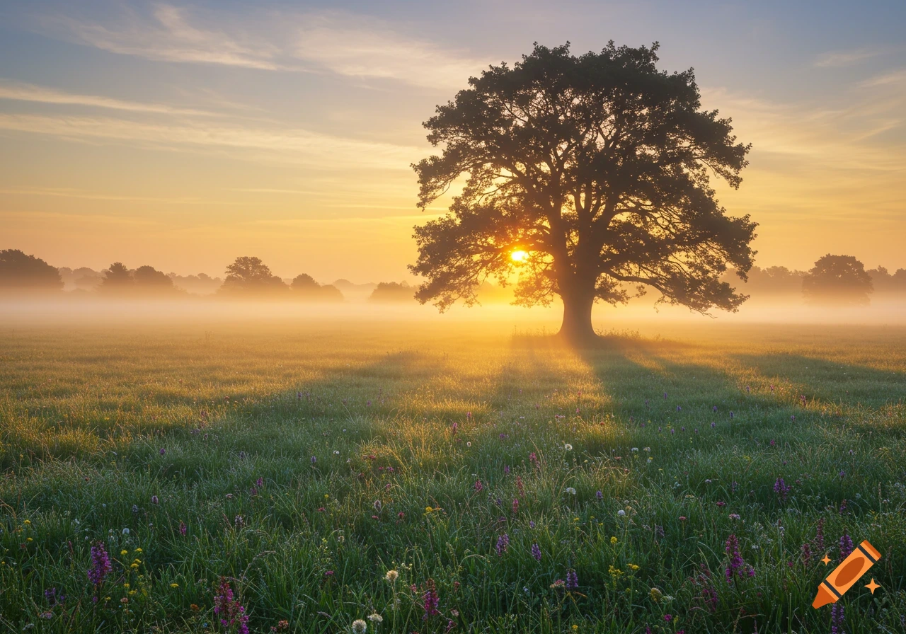 A lone silhouetted tree stands in a vibrant green, misty meadow with wildflowers at sunrise, golden light breaking through the fog.