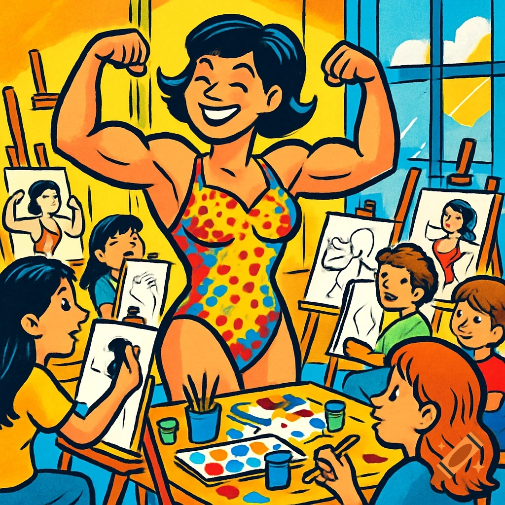 A cartoon woman in a colorful swimsuit flexes her muscles as children in an art class draw her pose.