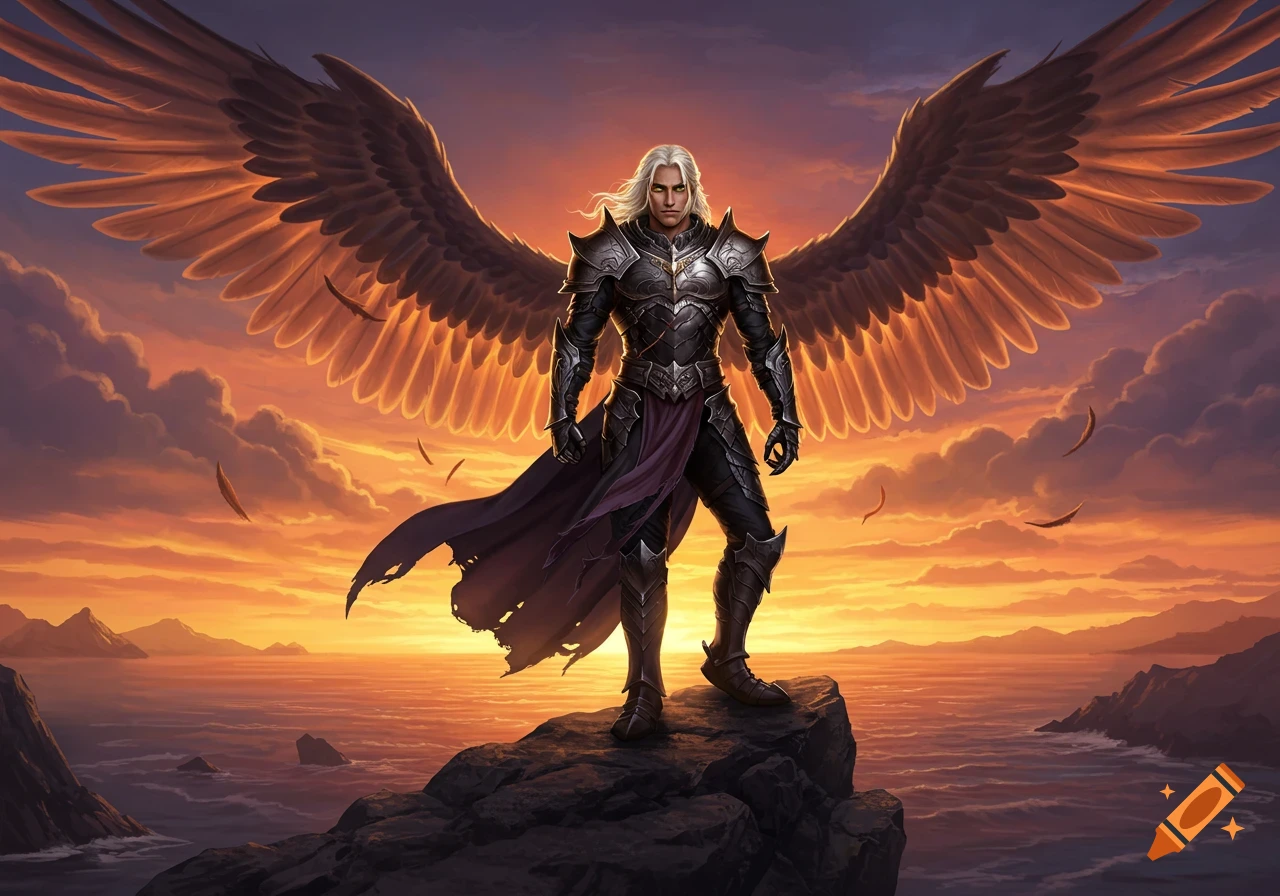 A winged warrior in dark armor with long white hair stands heroically on a rock cliff overlooking a sea at sunset, with large golden-orange wings spread behind him.