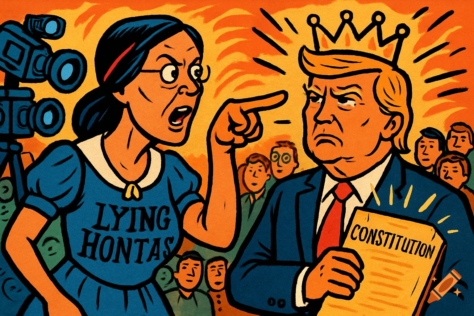A political cartoon in bold comic style shows an angry woman labeled 'Lying Hontas' pointing at a crowned Donald Trump holding the Constitution, with cameras and citizens in the background.