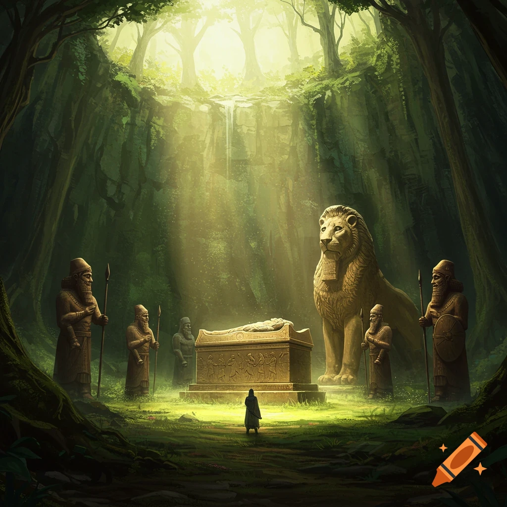 Golden sunlight streams into a forest sinkhole, illuminating an ornate Mesopotamian sarcophagus guarded by hero statues and a large regal lion.