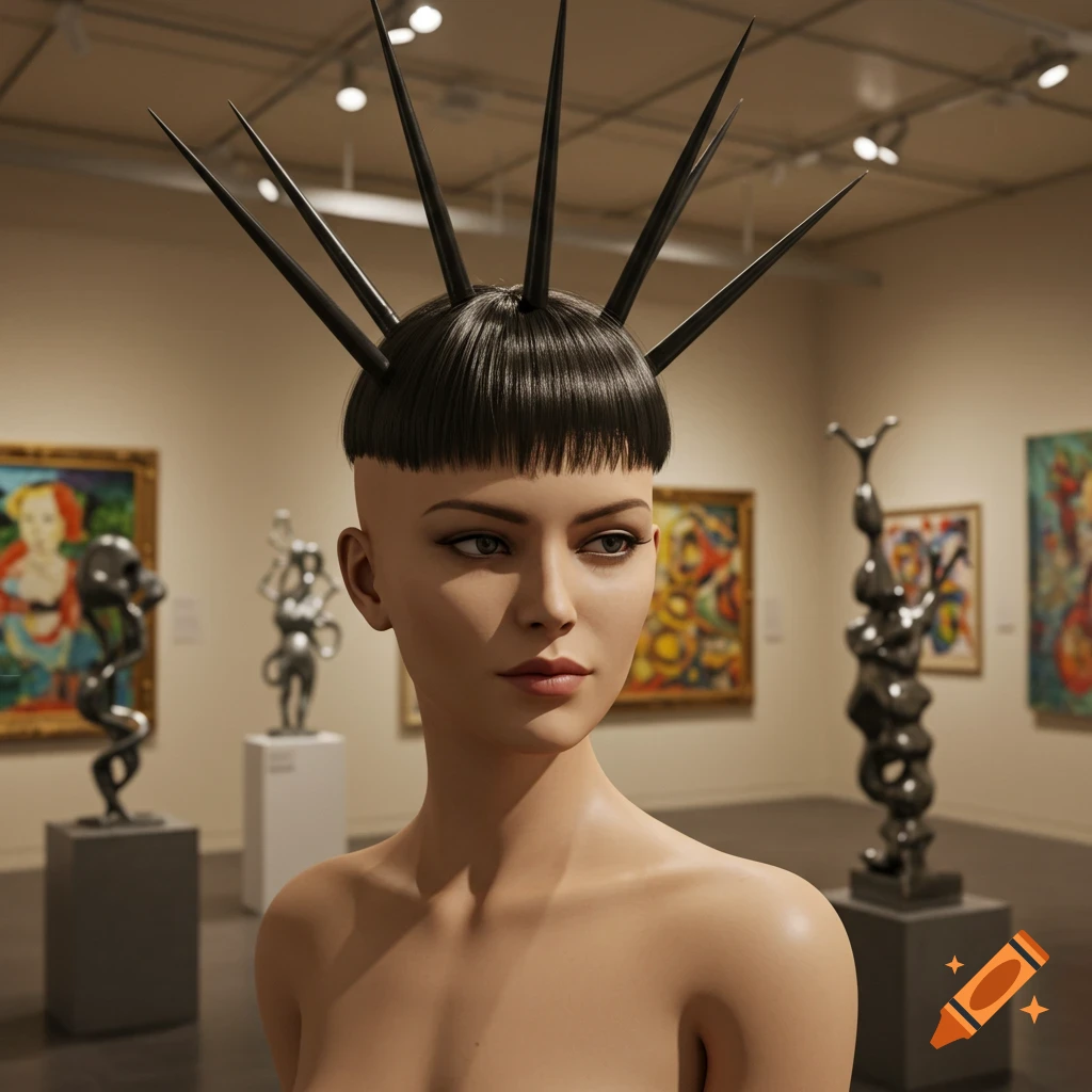 A bare-chested mannequin with a spiky black wig stands in an art gallery.