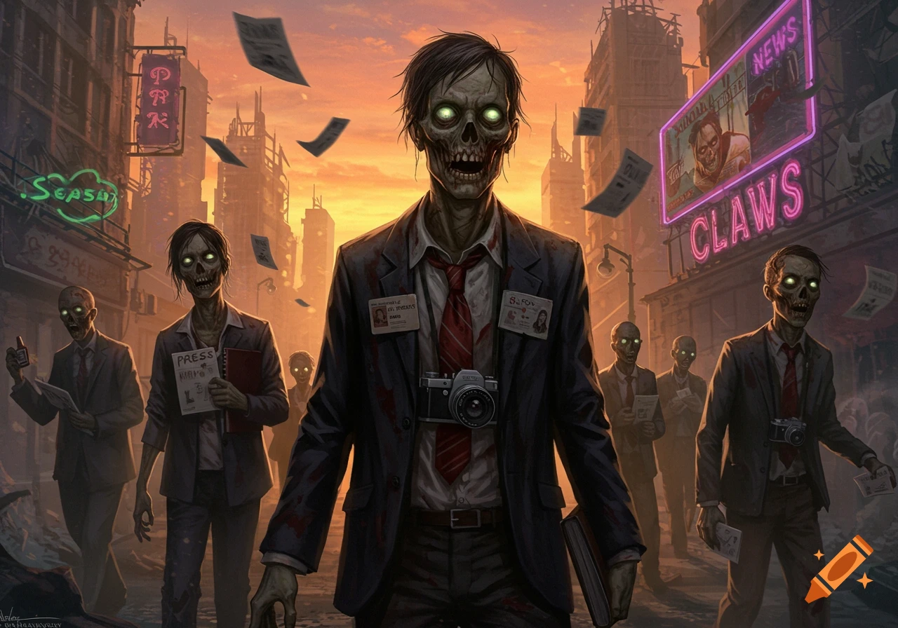 An army of zombie journalists with glowing green eyes walk through a city street at sunset, holding cameras and newspapers.