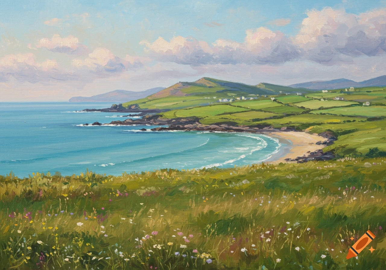 An impressionistic painting of the Dingle Peninsula, Ireland, with lush green hills, a sandy beach, and turquoise ocean under a cloudy sky.