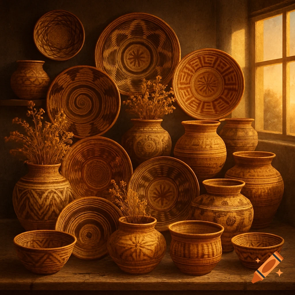 A collection of earthy-toned woven baskets and ceramic pots, some holding dried plants, arranged on a shelf bathed in warm light from a window.