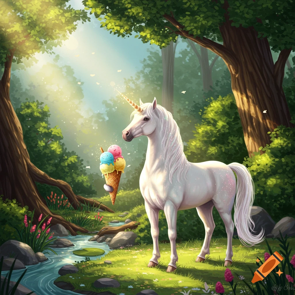 A white unicorn holds a colorful ice cream cone in a magical, sun-dappled forest with a stream.