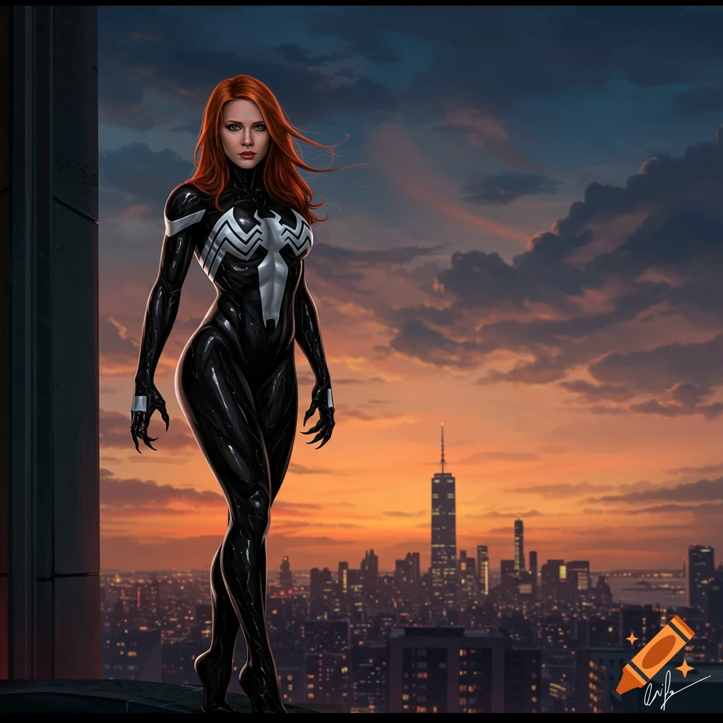 A woman with red hair in a black and white Venom suit stands on a rooftop overlooking a city at sunset.