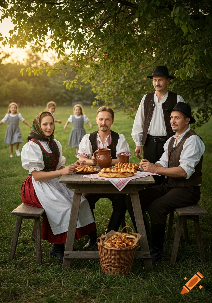 A Hungarian family in traditional clothing enjoys a meal at an outdoor wooden table, with children playing in the sunny, rustic background.