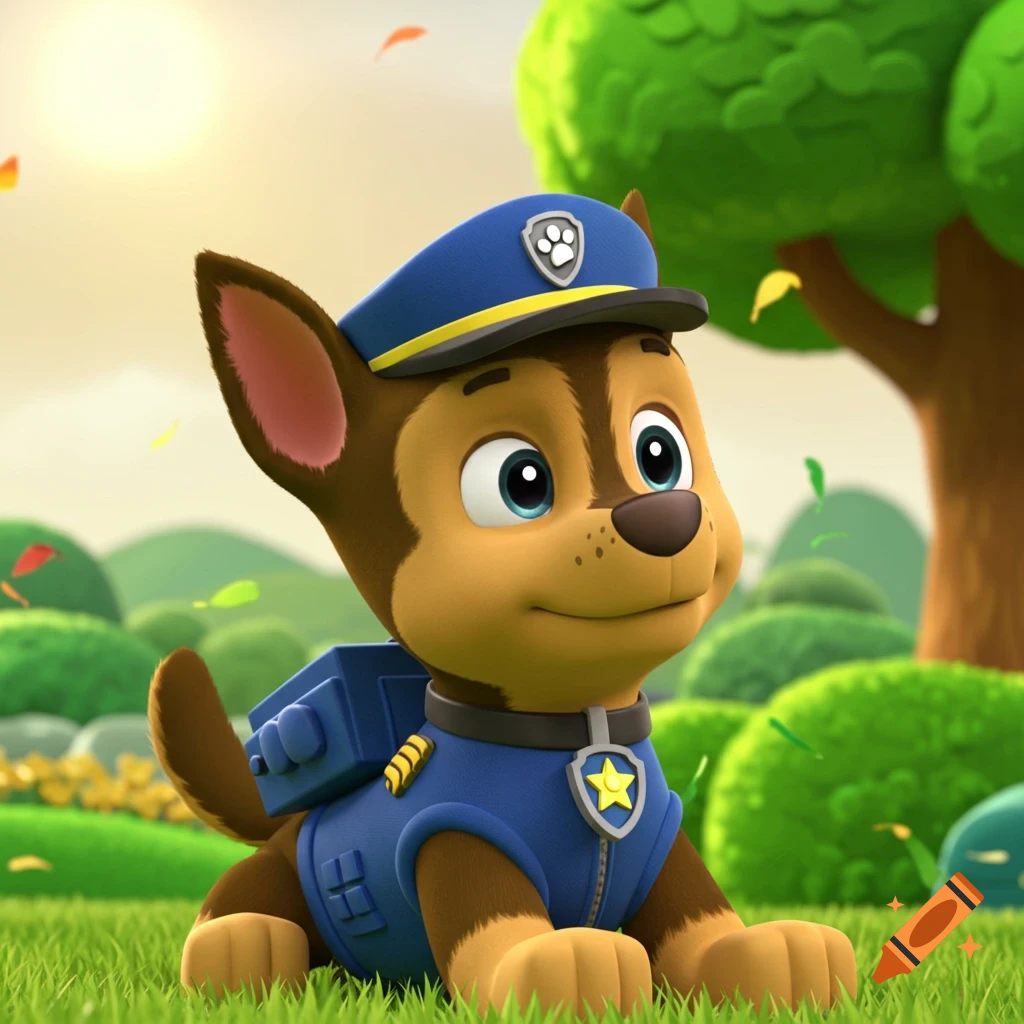 3D animated Chase from Paw Patrol, a police dog, sitting in a sunny grassy field.