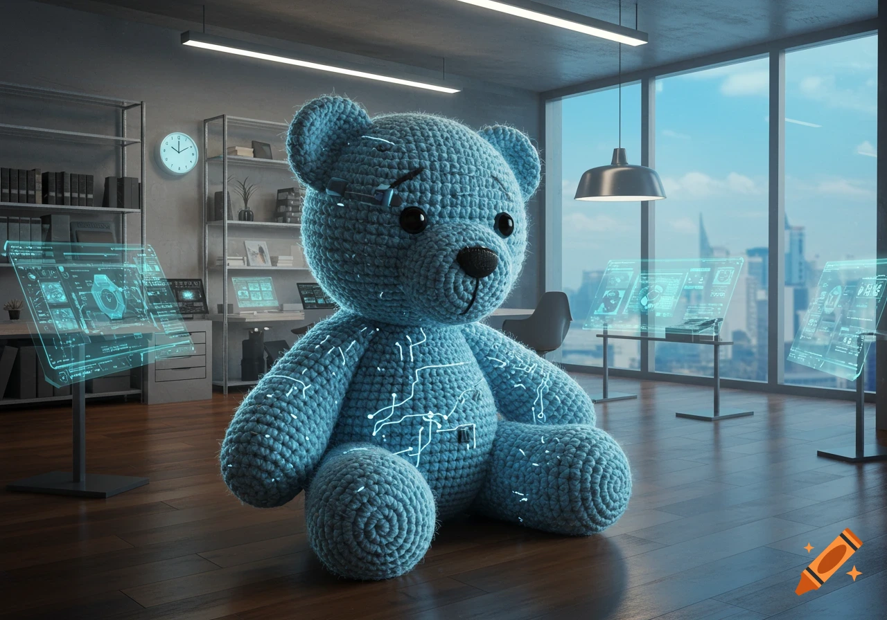 A blue crochet teddy bear sits on a wooden floor in a modern, futuristic study room with holographic displays.