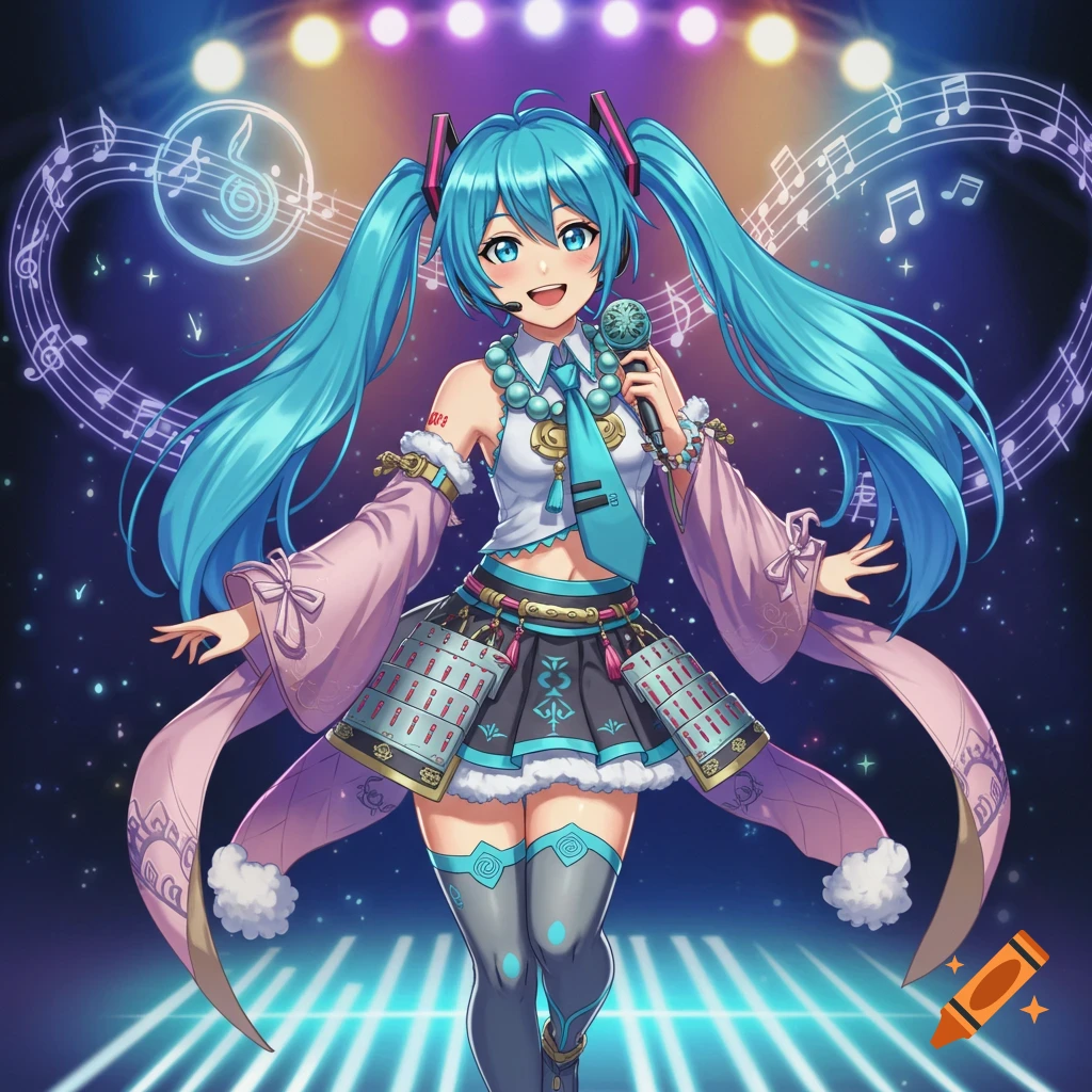 A blue-haired anime idol with twin-tails, wearing a futuristic outfit with samurai motifs, singing into a microphone on a glowing stage.