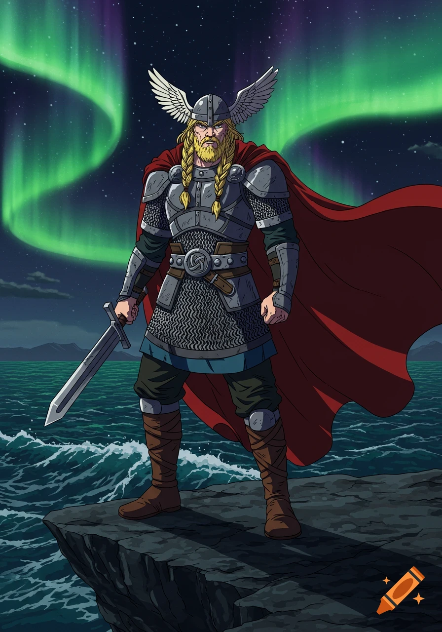 An anime-style Viking warrior in armor and a red cape stands on a cliff with a sword, under the aurora borealis.