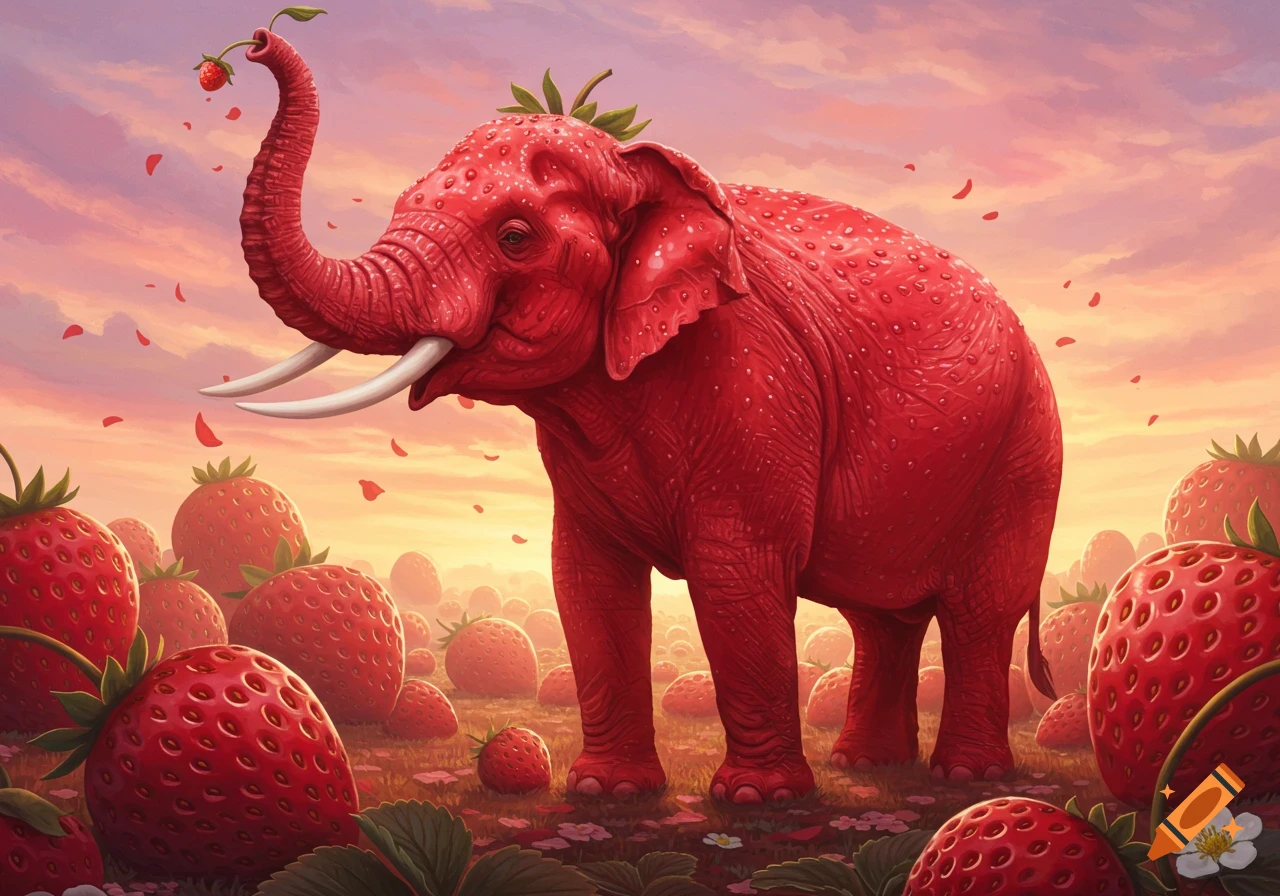 A vibrant red elephant with strawberry-textured skin holds a strawberry in its trunk, standing in a field of giant strawberries under a sunset sky.