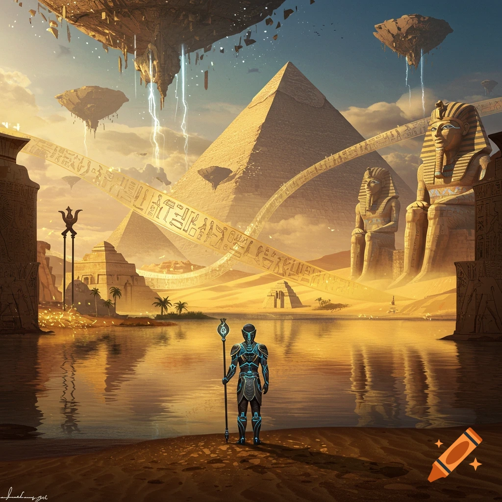 A futuristic ancient Egyptian landscape with pyramids, a sphinx, and floating islands under a golden sky. A figure in glowing armor stands by a reflective river, with decorative hieroglyphs forming an arch.