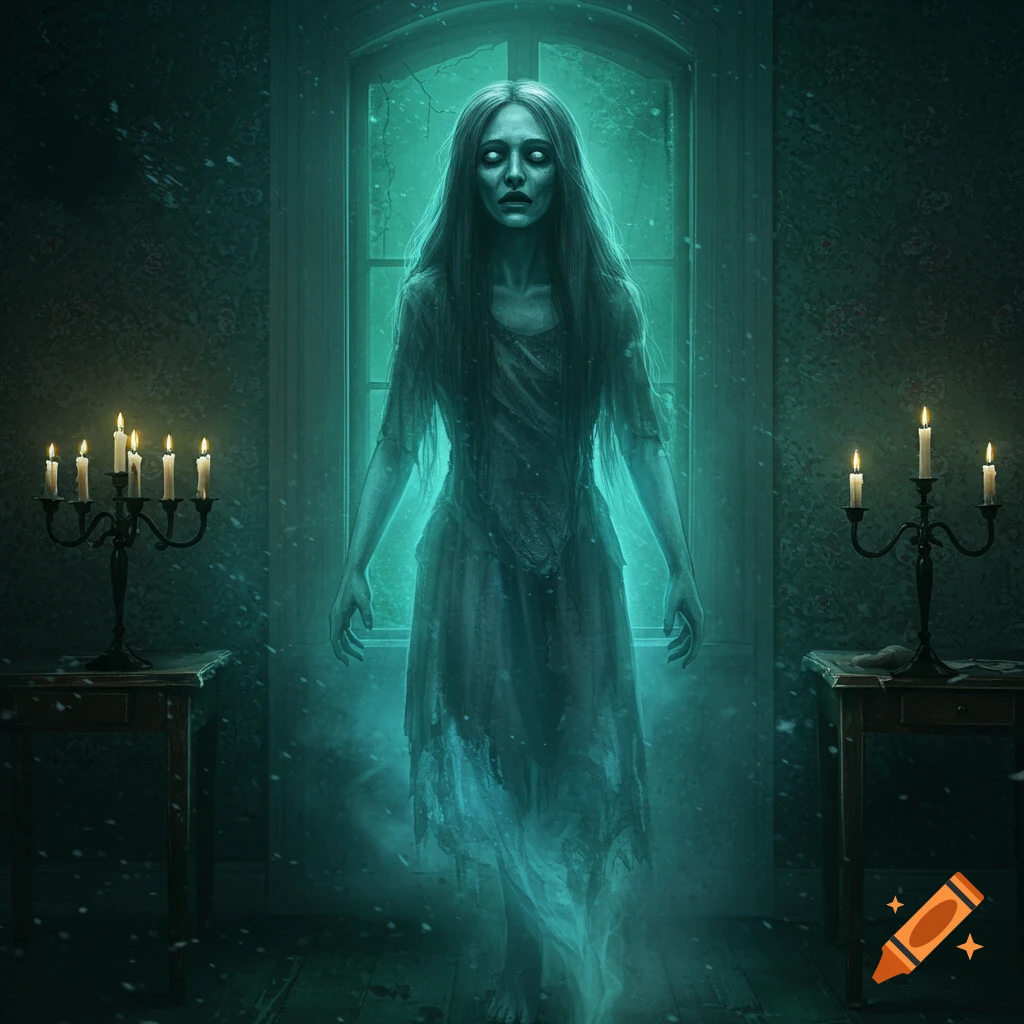 An eerie, translucent ghostly woman with pale eyes floats in a dark, gothic room with lit candelabras.