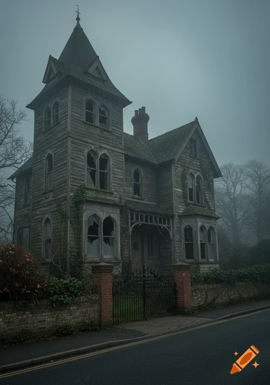 An old, dilapidated Victorian house with a tall turret on a foggy, overcast day, looking creepy and abandoned.