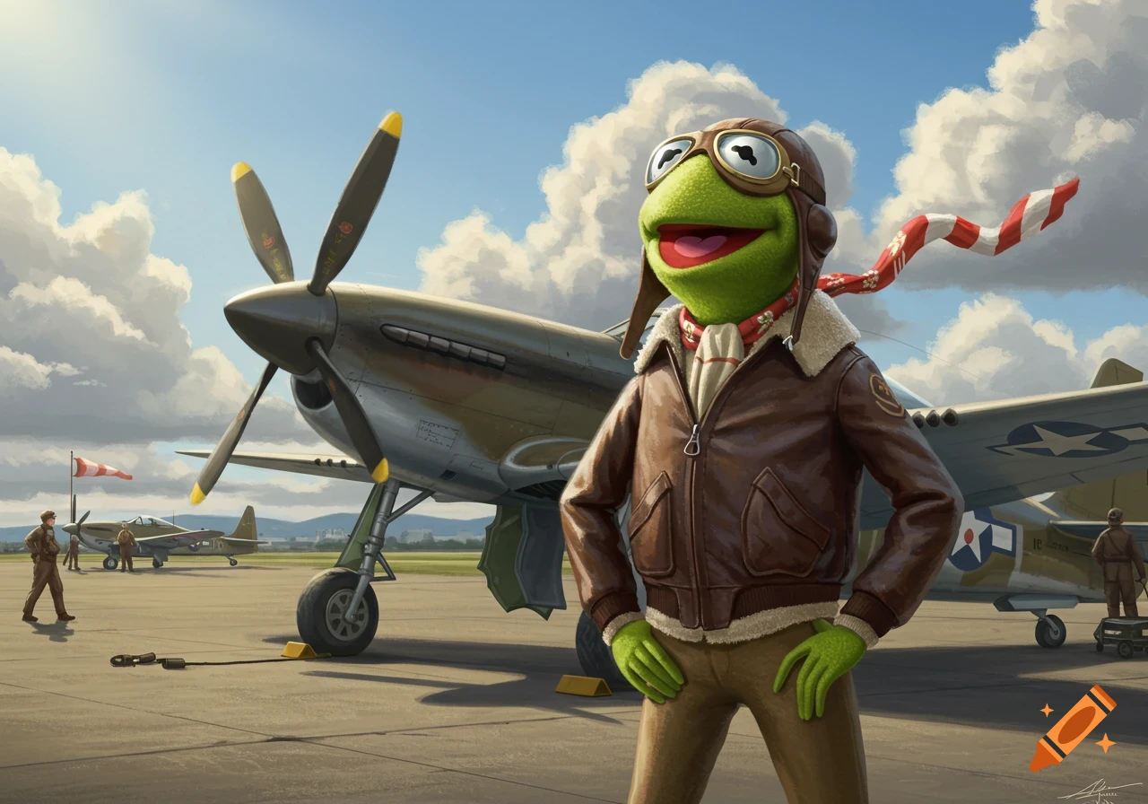 Kermit the Frog stands proudly in a pilot's uniform with a leather jacket and goggles, next to a vintage fighter plane on an airfield under a cloudy sky.