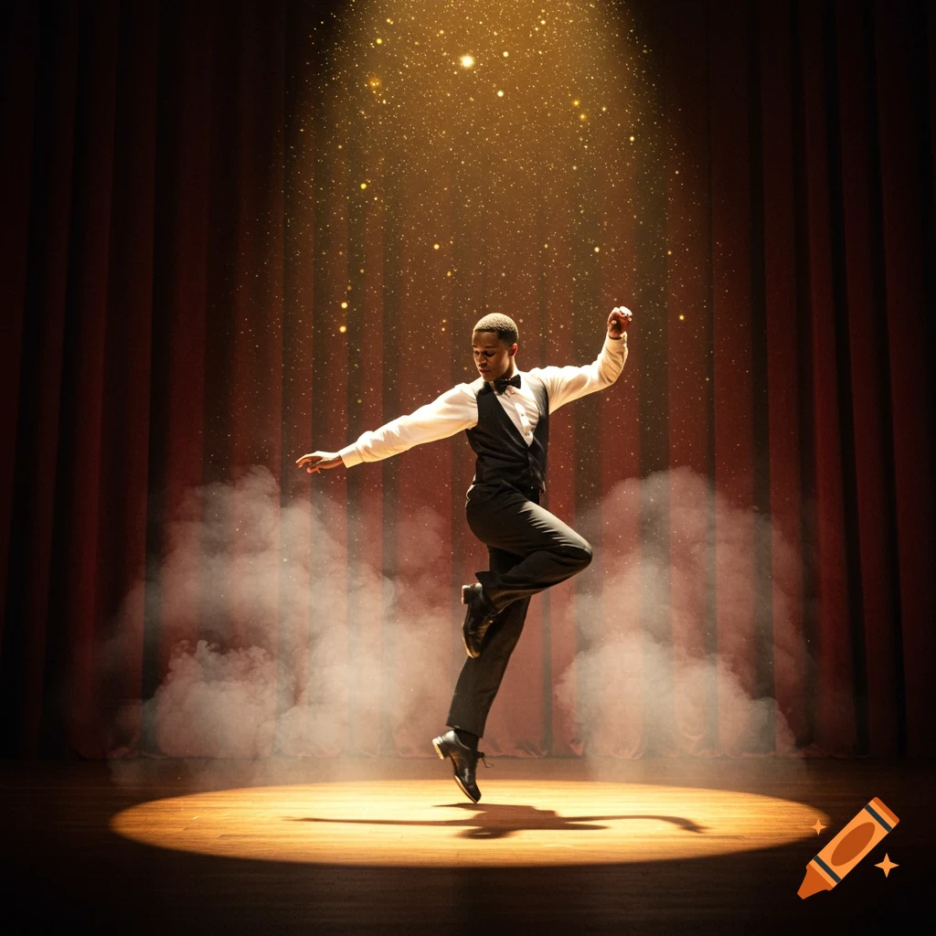 A man in a tuxedo vest and bow tie tap dances on a spotlighted stage with red curtains and sparkling gold dust falling from above.