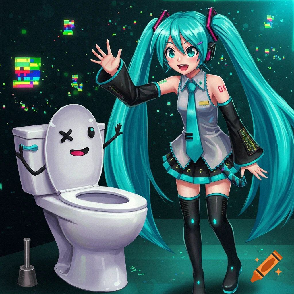 Hatsune Miku in a grey and teal outfit waves next to a smiling cartoon toilet with arms, against a dark background with colorful pixelated glitches.