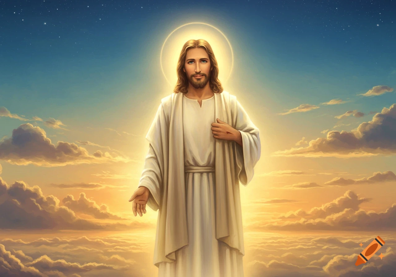 A serene illustration of Jesus Christ with a halo, standing in the clouds against a sunset sky.