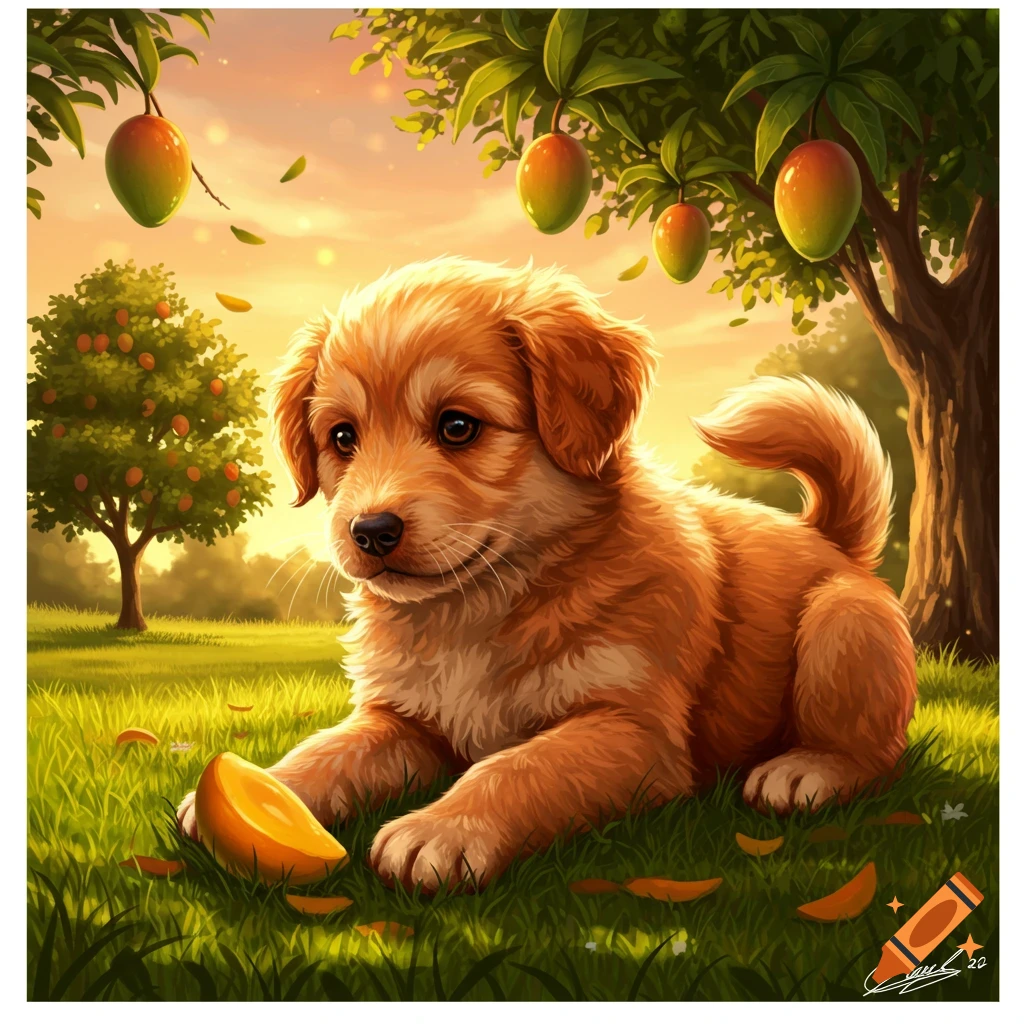 A fluffy golden-brown puppy lies in green grass next to a mango slice, under trees laden with mangoes, in a sunny illustrative style.