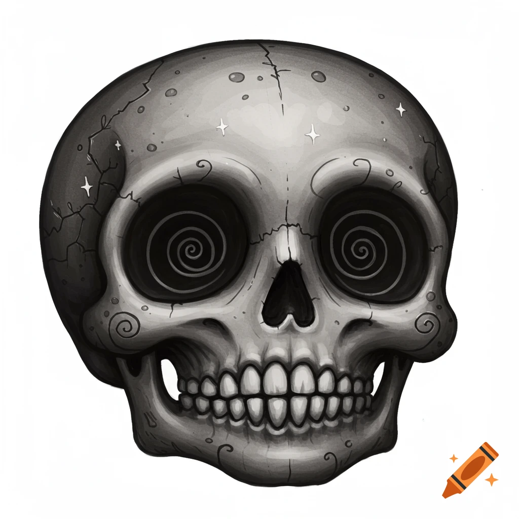 A stylized grayscale skull in Tim Burton style with swirly eyes, cracks, and small stars, on a white background.