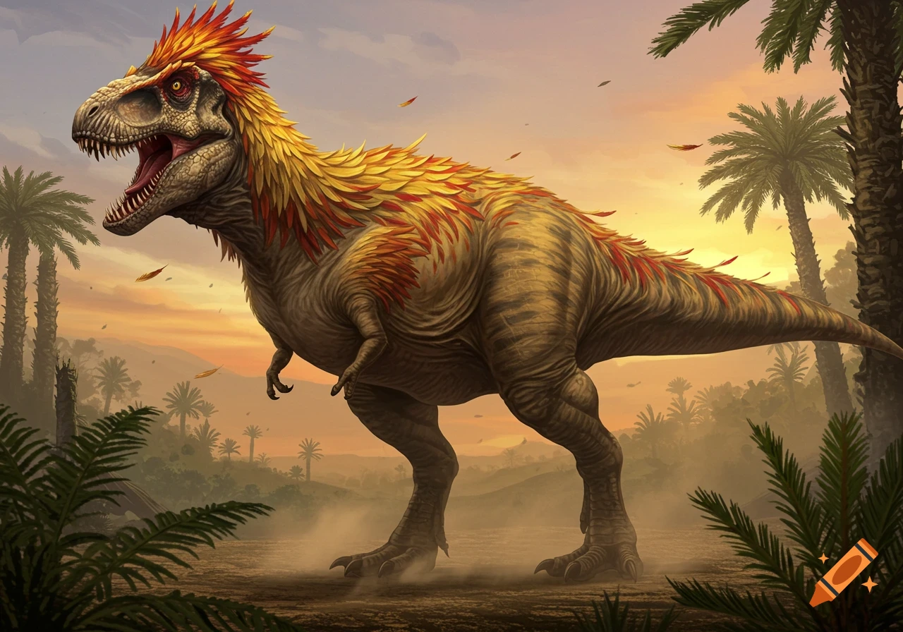 A vibrant T-Rex with yellow and red feathers roars in a prehistoric landscape with palm trees at sunset, in a detailed illustration.
