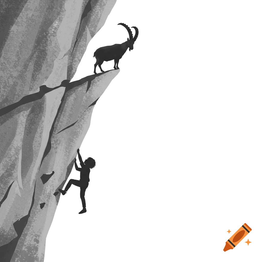 A minimalist grayscale illustration of a child rock climbing on a cliff face below a silhouetted ibex.