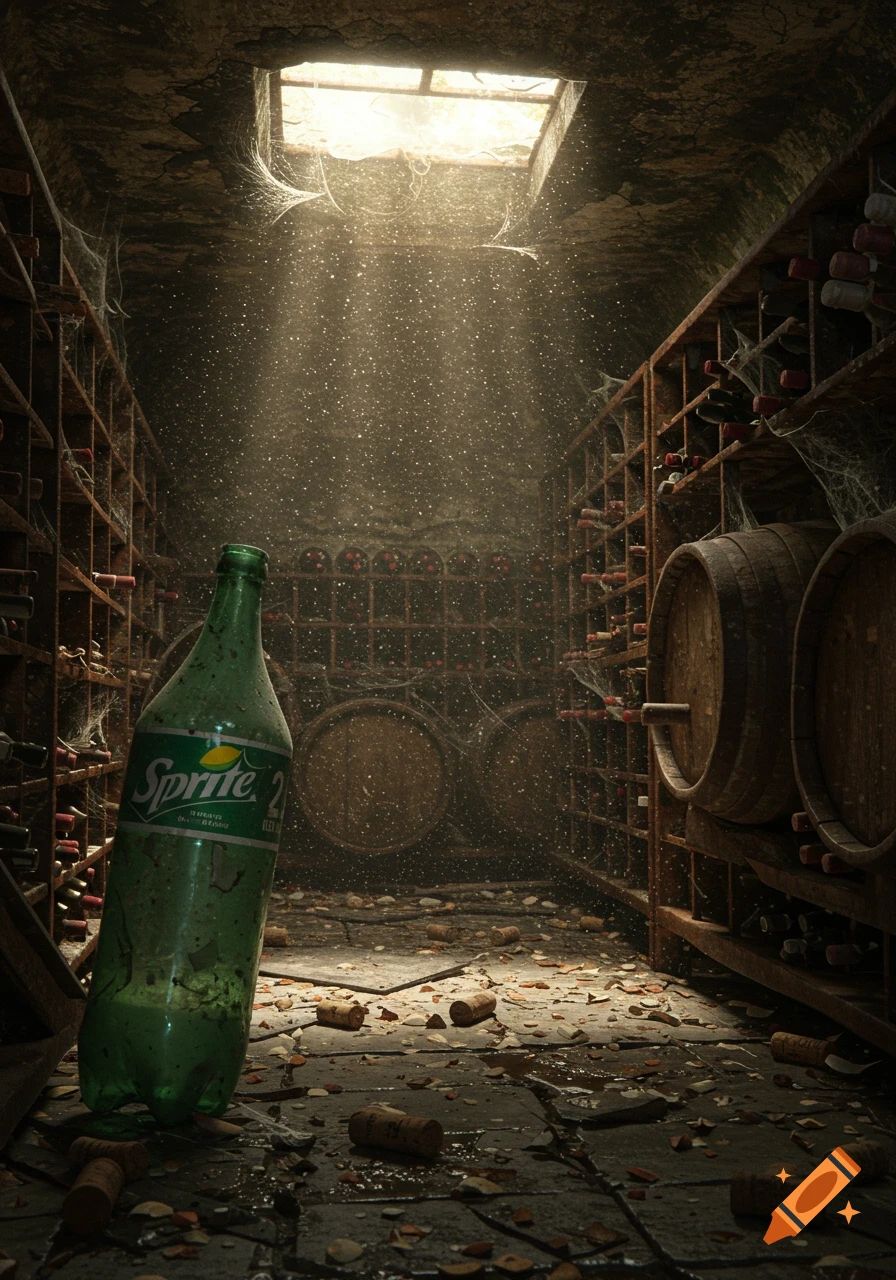 A dusty green Sprite bottle stands in a dark, abandoned wine cellar with cobwebs, wooden wine racks, and light streaming from above.
