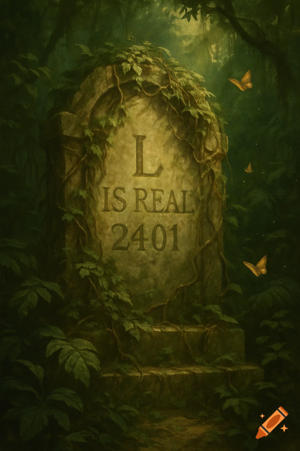 Ancient vine-covered stone monument with 'L IS REAL 2401' carved into it, in a dark jungle with butterflies.