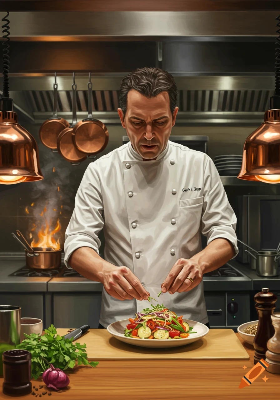 A male chef meticulously garnishes a colorful salad in a bustling professional kitchen with copper pots and burning flames.