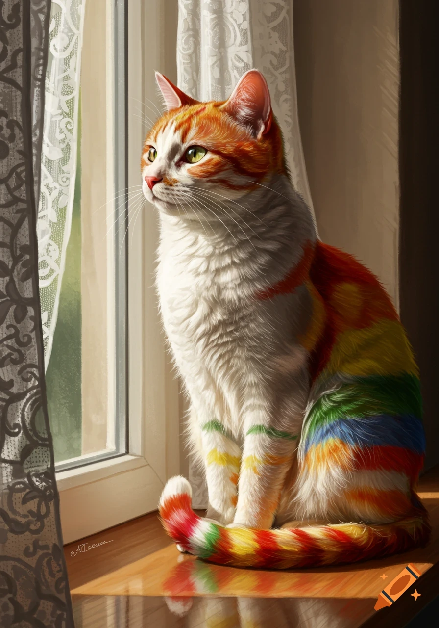 An orange and white tabby cat with rainbow-colored fur patches sits on a sunlit wooden windowsill, gazing out a window with lace curtains. Painterly style.
