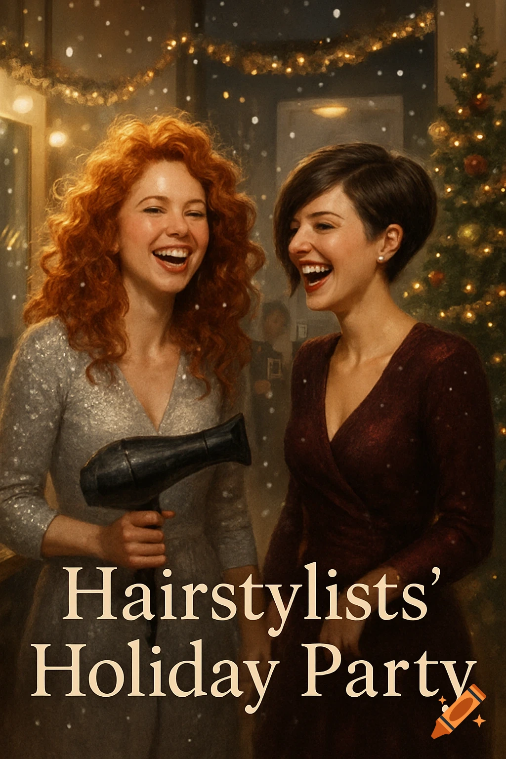 Two women, a redhead and a brunette, laugh at a snowy Christmas party with lights and a tree. Text: 'Hairstylists' Holiday Party'.