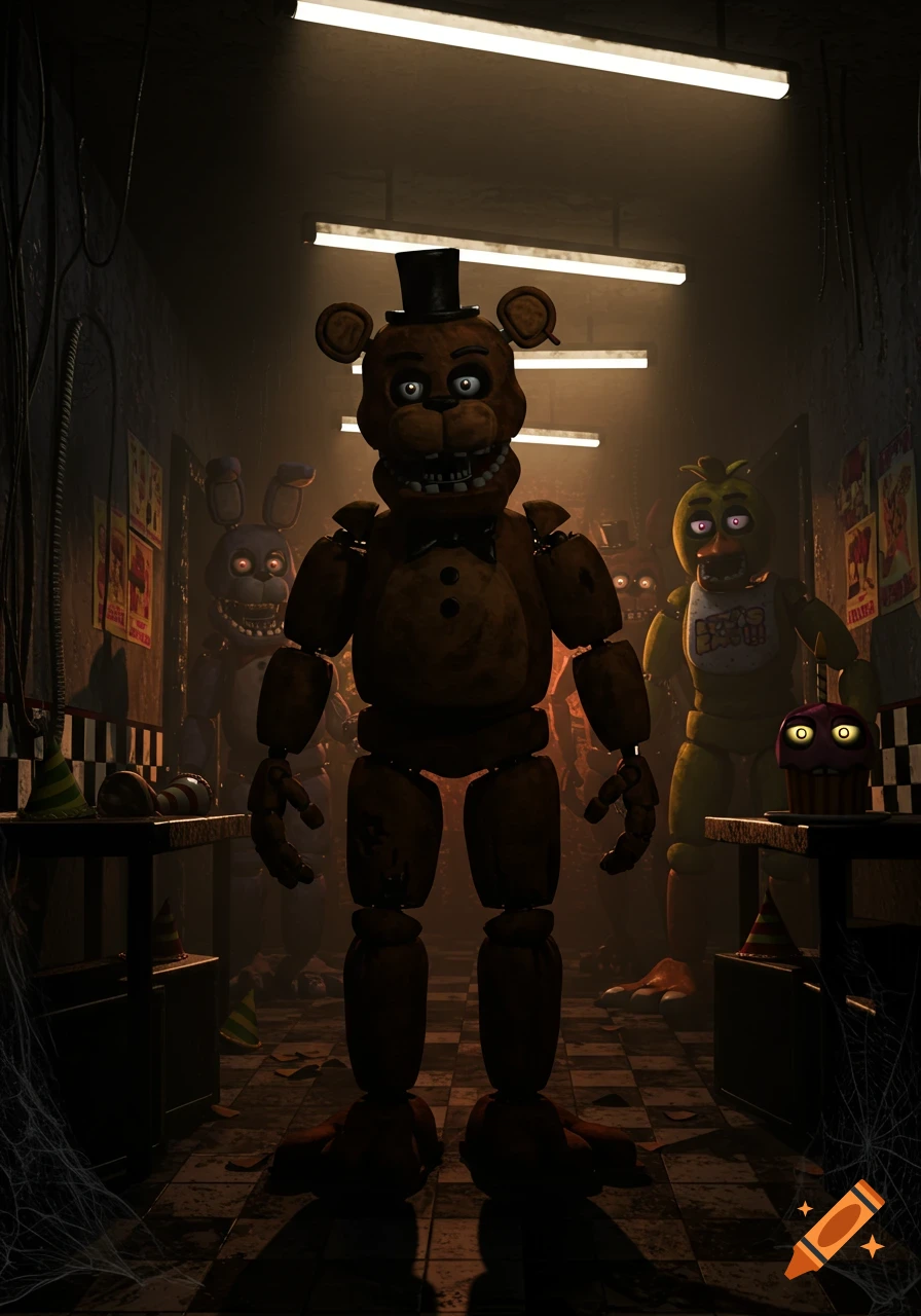 Photorealistic 3D render of Freddy Fazbear, Bonnie, and Chica animatronics in a dark, eerie pizzeria hallway.