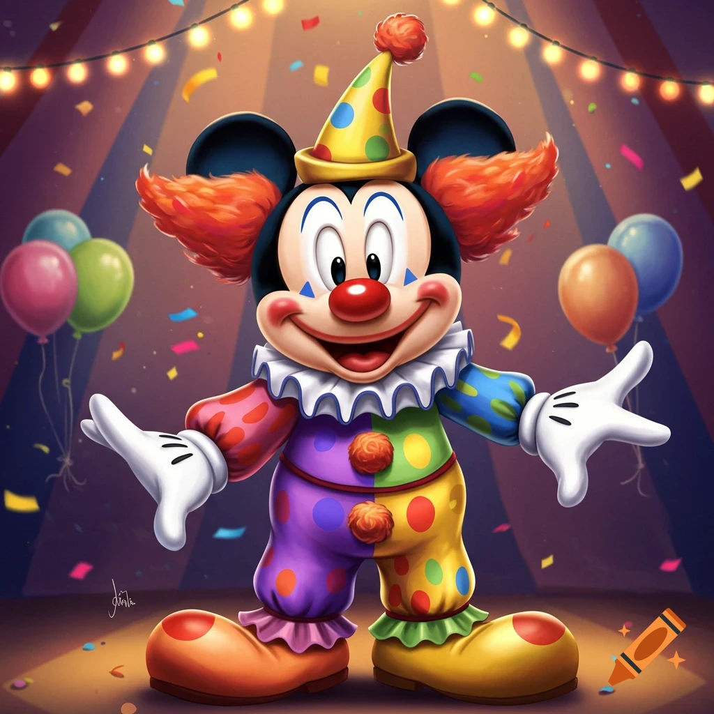 Mickey Mouse cartoon character dressed as a colorful clown with a hat, red nose, and confetti in a circus tent.