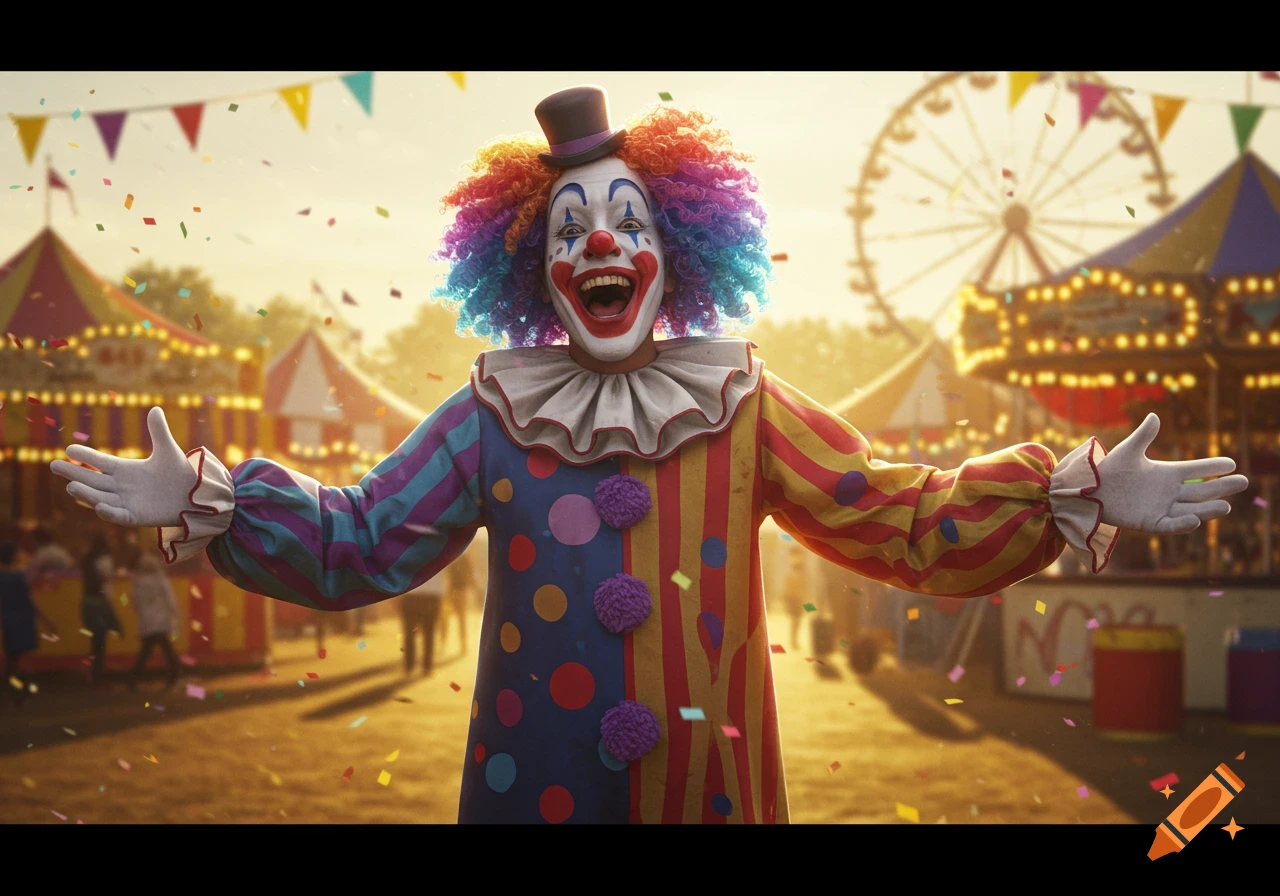 A smiling clown with a rainbow wig, colorful costume, and painted face stands happily at a lively carnival as confetti falls.