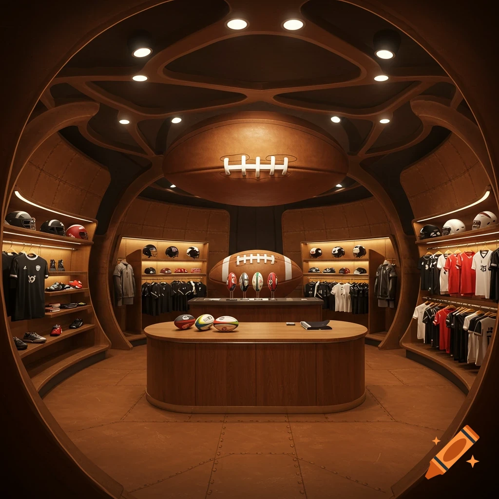 A modern sports store interior designed to resemble the inside of a rugby ball, with sports apparel, helmets, and rugby balls on display.