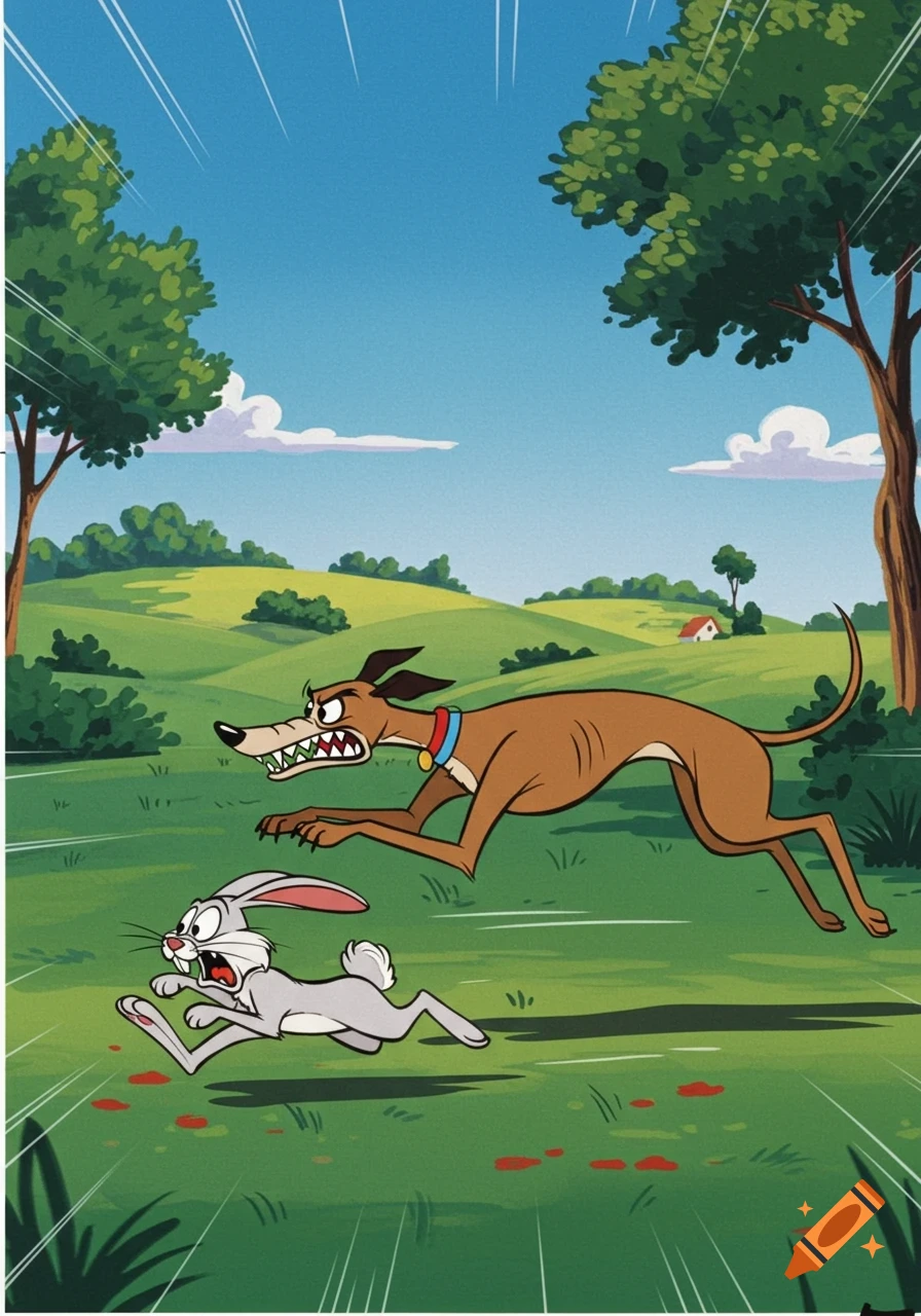 A brown cartoon lurcher with sharp teeth aggressively chases a ...