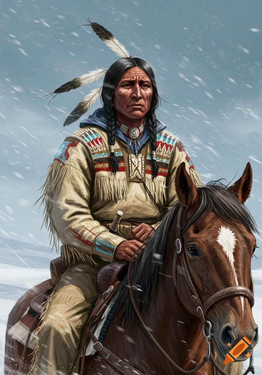 Digital painting of a Navajo man with braided hair and feathers, riding a brown horse in a snowy winter, looking sad but determined.
