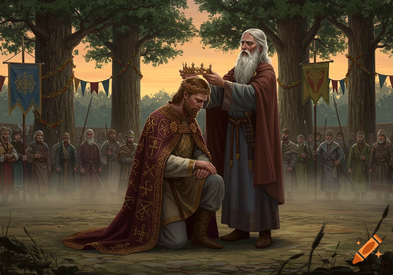 An old bearded man crowns a kneeling younger man in a regal robe outdoors, surrounded by a crowd of soldiers and banners under a sunset sky.