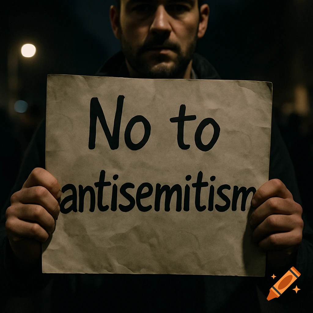 A man holding a crumpled protest sign that reads 'No to antisemitism' in a dark, photorealistic street scene.