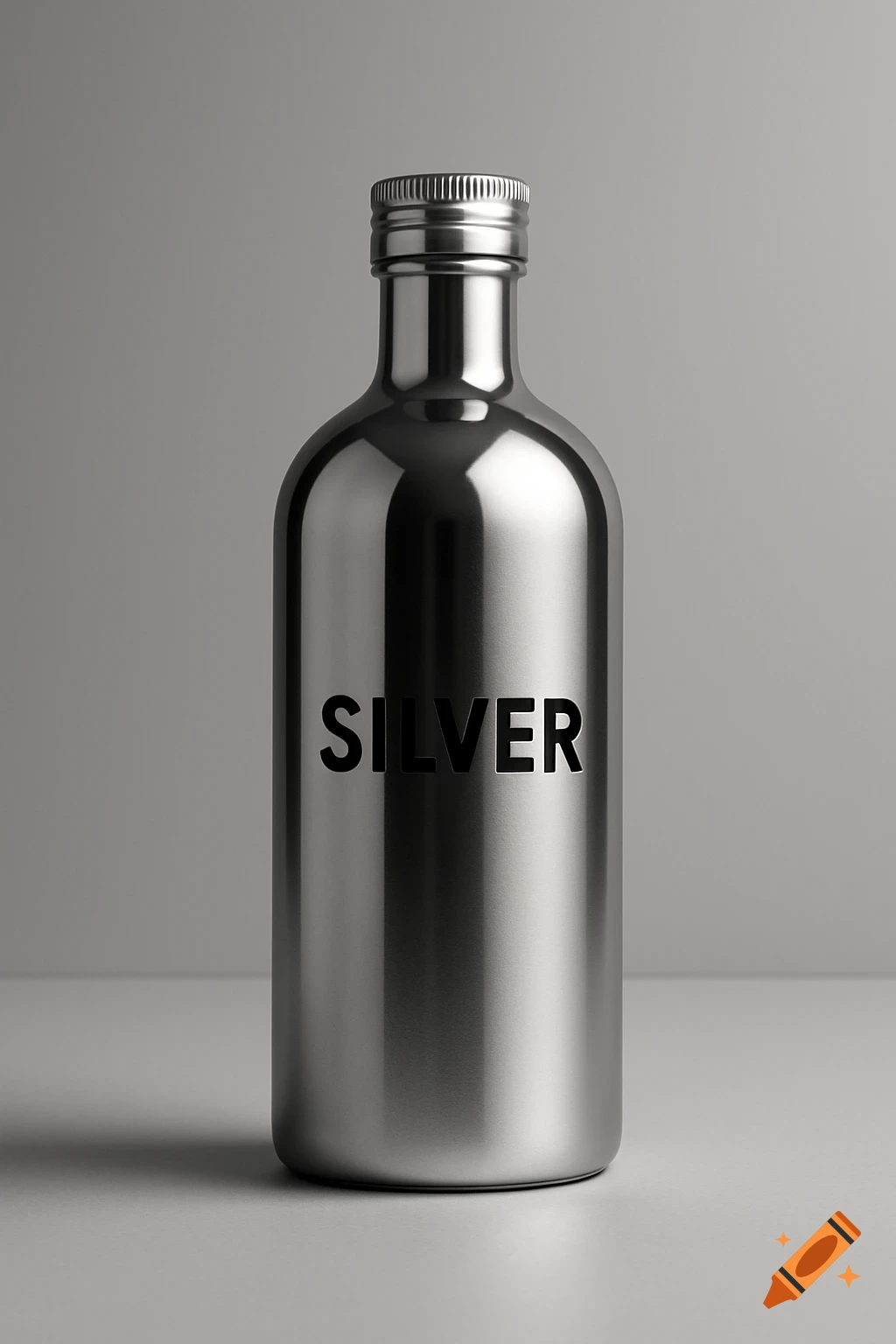 A metallic silver bottle with the word 'SILVER' embossed in black, set against a plain gray background in a photorealistic style.