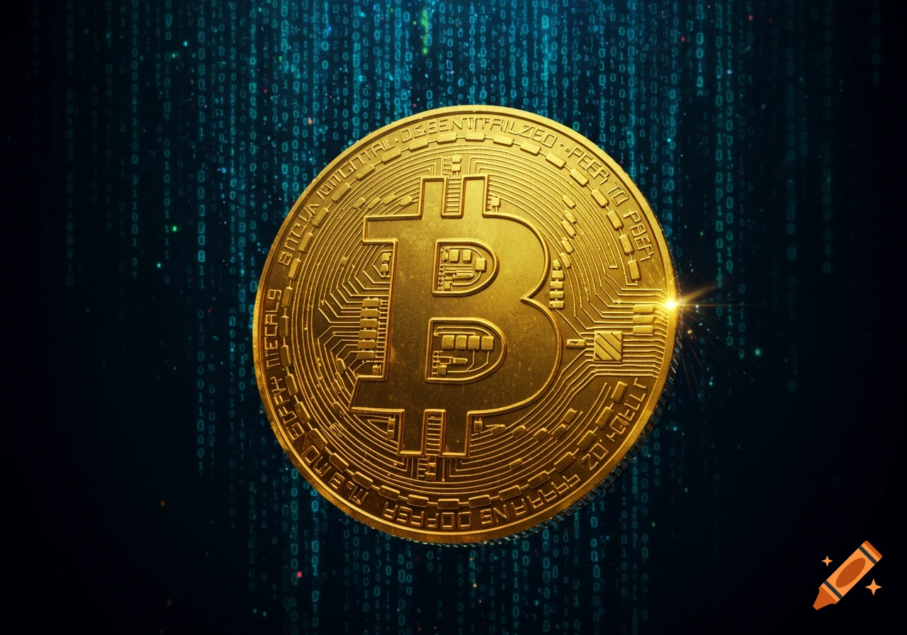 A shiny gold Bitcoin symbol with circuit patterns, set against a dark background with falling blue binary code, in a futuristic style.