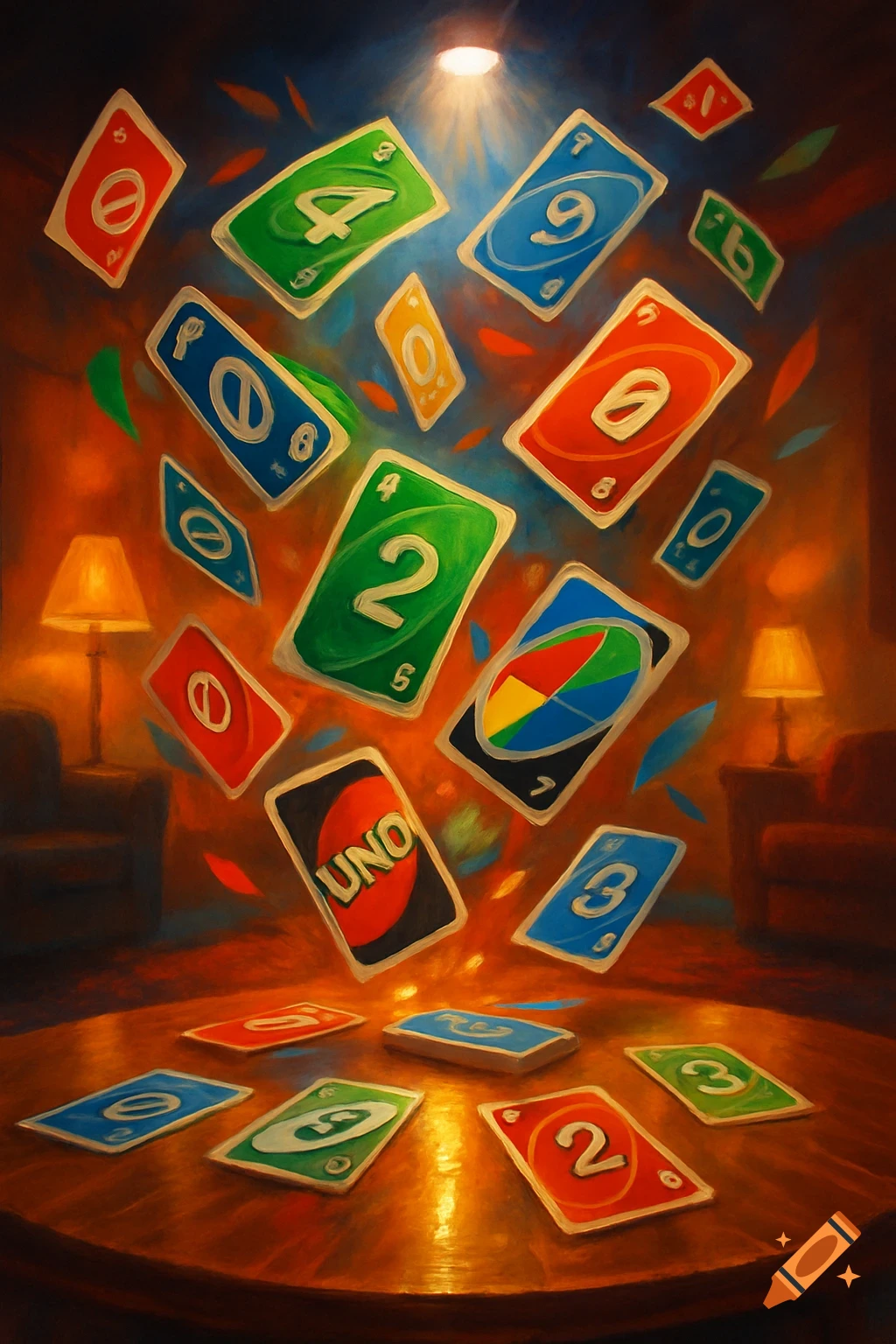 An artistic rendering of UNO cards in red, blue, green, and yellow, floating and scattered on a wooden table in a dimly lit room with lamps.