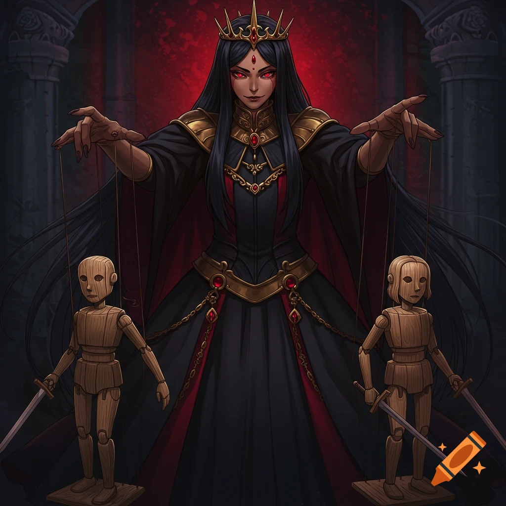 Dark fantasy anime queen with black hair, red eyes, in a black and crimson gown, controls two wooden sword-wielding puppets.