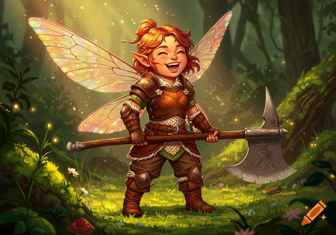 A happy, red-haired fairy barbarian in armor holds a large axe in a magical, sunlit forest.